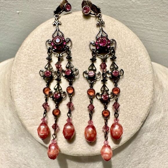 Vintage Chandelier Clip Earrings Liz Palacios Pink Pearls & Swarovski Crystals - Picture 1 of 1